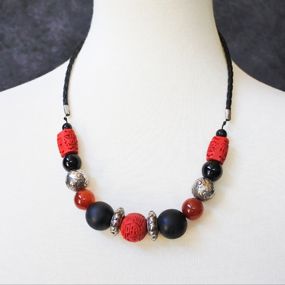 Asian Red Black Silver Wood Mixed Bead Leather Necklace